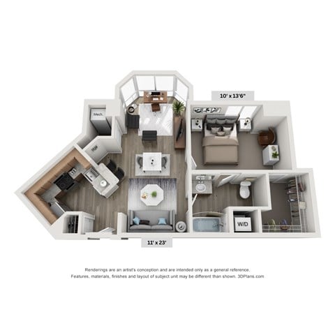 Floor plan for 1 bed, 1 bath, 649 sqft