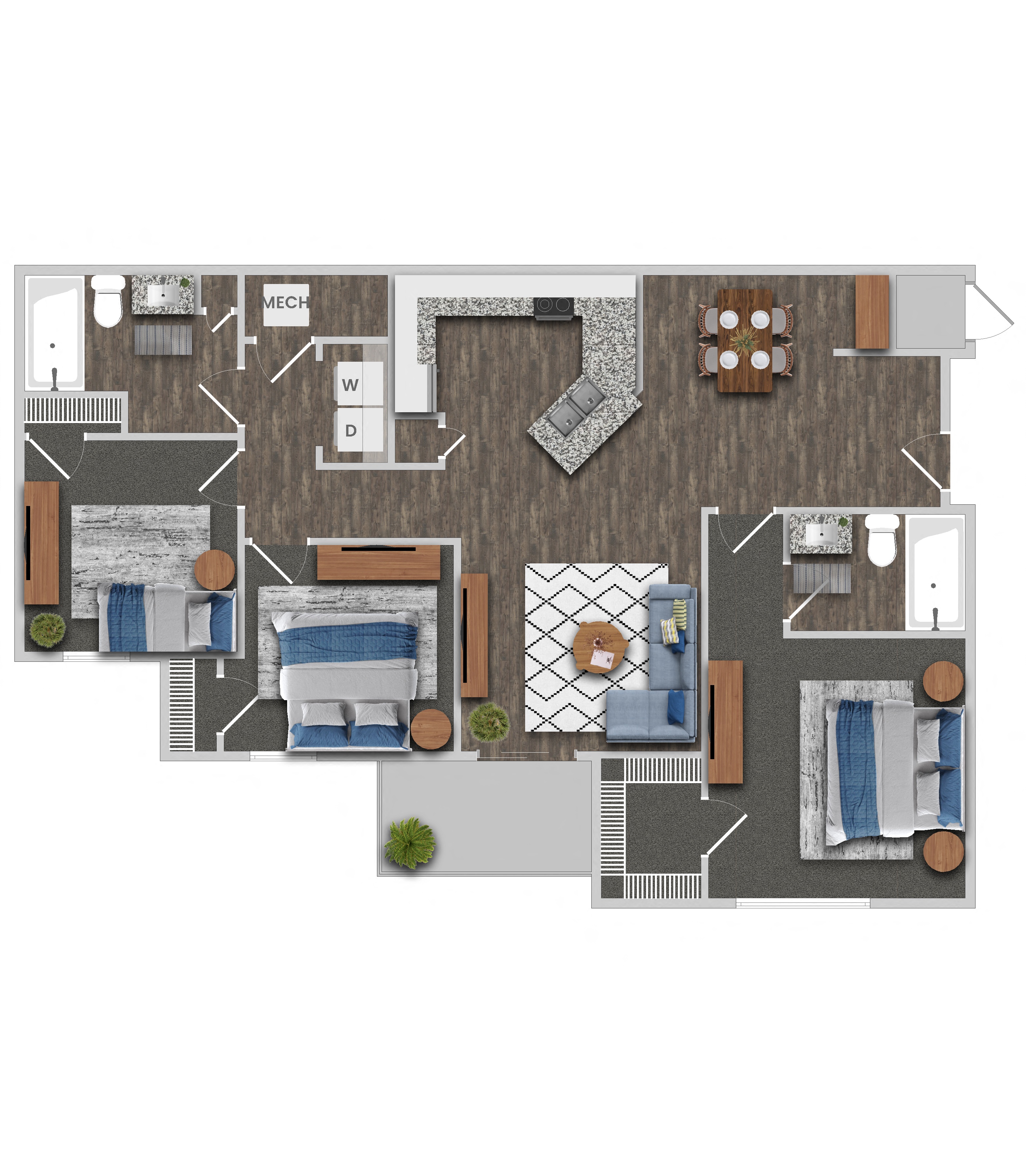 Floor plan for 3 beds, 2 baths, 1163 sqft