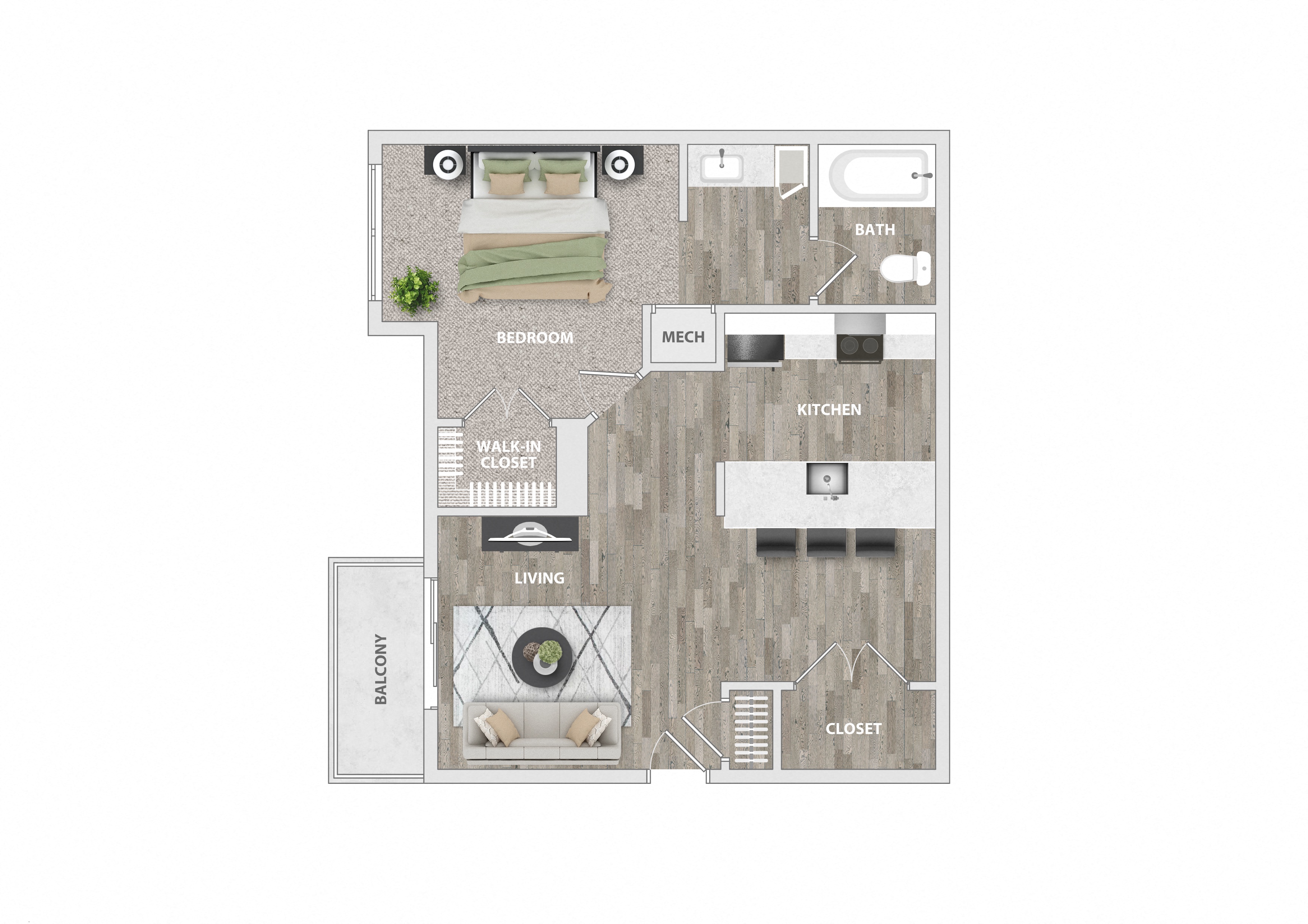 Floor plan for 1 bed, 1 bath, 600 sqft