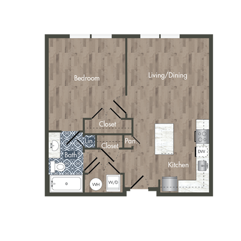 Floor plan for 1 bed, 1 bath, 680 sqft