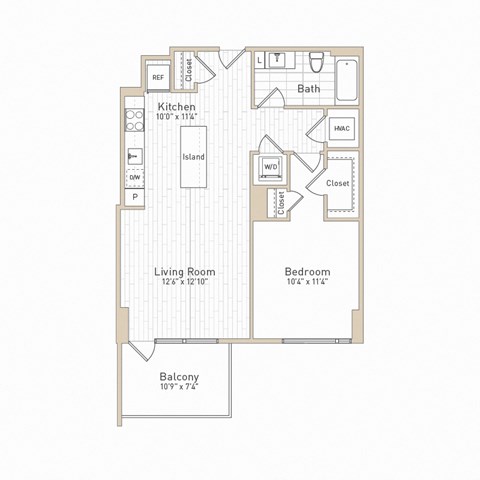 Floor plan for 1 bed, 1 bath, 697 sqft