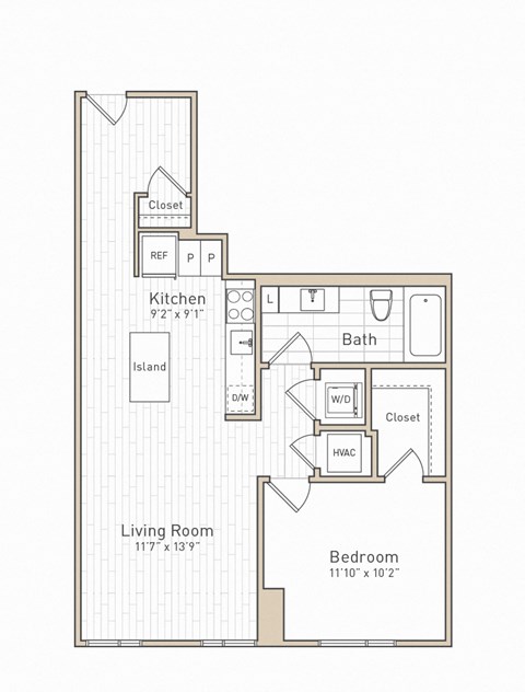 Floor plan for 1 bed, 1 bath, 719 sqft