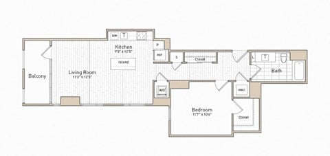 Floor plan for 1 bed, 1 bath, 729 sqft