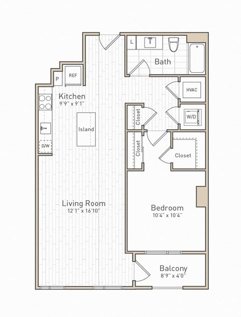 Floor plan for 1 bed, 1 bath, 737 sqft