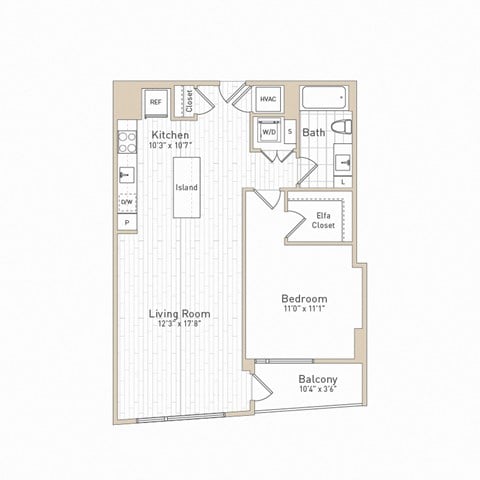 Floor plan for 1 bed, 1 bath, 752 sqft