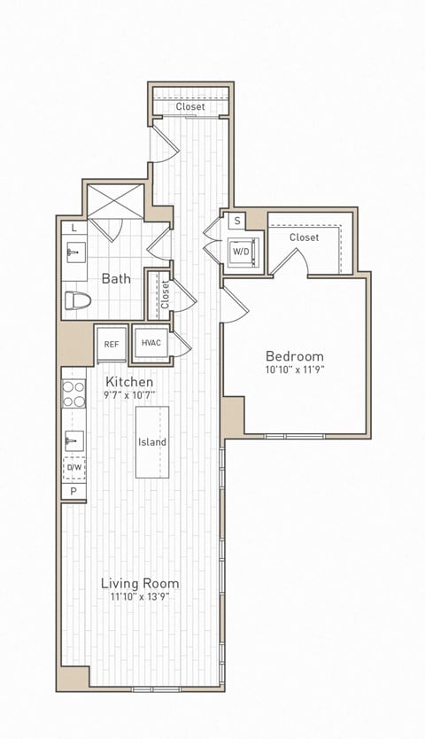 Floor plan for 1 bed, 1 bath, 764 sqft