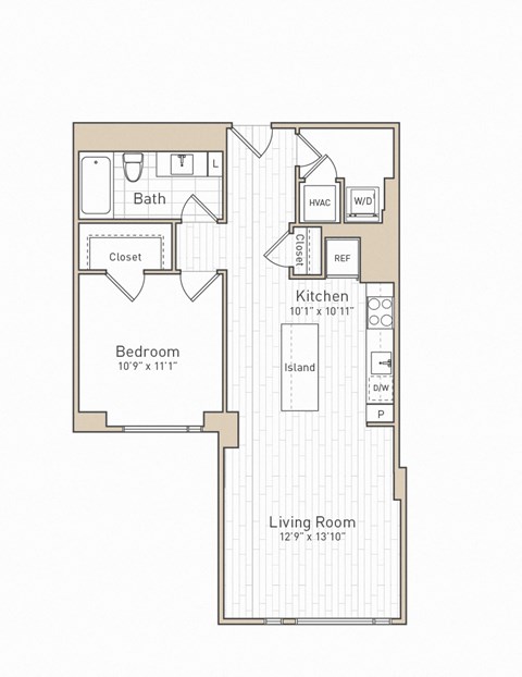 Floor plan for 1 bed, 1 bath, 766 sqft
