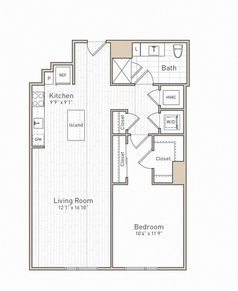 Floor plan for 1 bed, 1 bath, 779 sqft