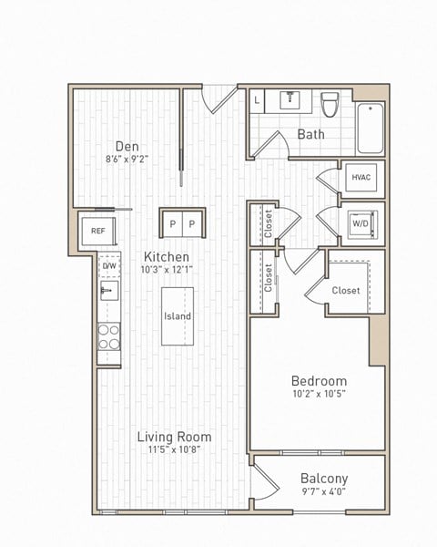 Floor plan for 1 bed, 1 bath, 804 sqft