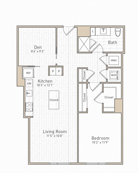 Floor plan for 1 bed, 1 bath, 851 sqft
