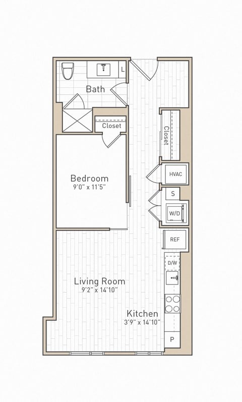 Floor plan for 1 bed, 1 bath, 648 sqft