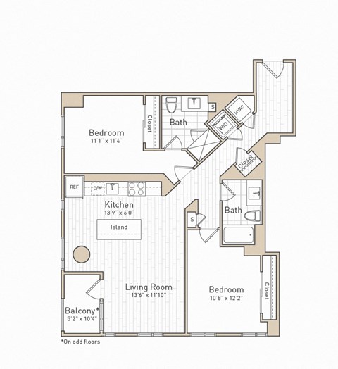 Floor plan for 2 beds, 2 baths, 1114 sqft