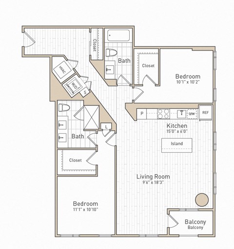 Floor plan for 2 beds, 2 baths, 1212 sqft