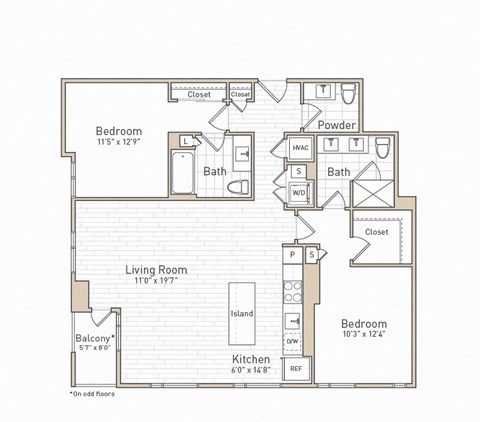 Floor plan for 2 beds, 2 baths, 1215 sqft