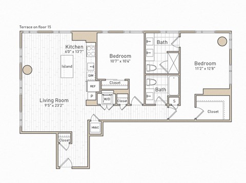 Floor plan for 2 beds, 2 baths, 1223 sqft