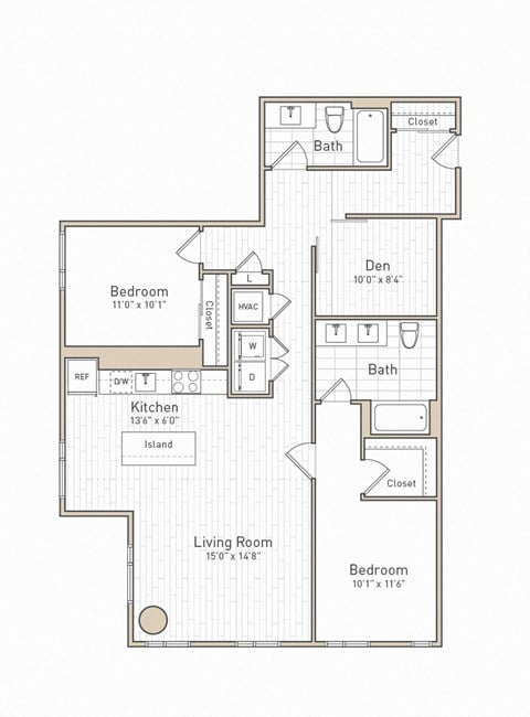 Floor plan for 2 beds, 2 baths, 1291 sqft