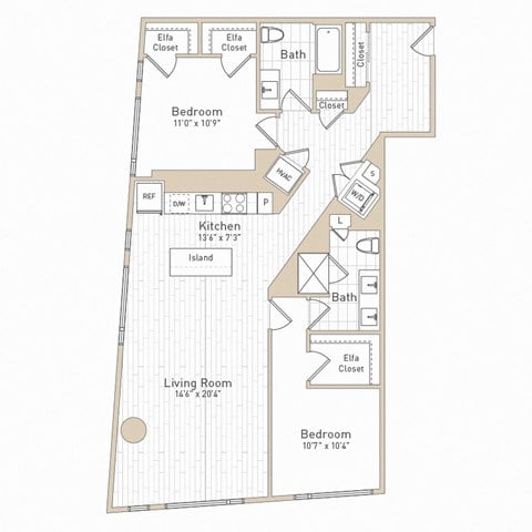Floor plan for 2 beds, 2 baths, 1308 sqft