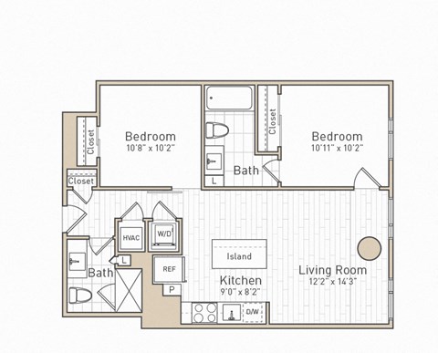 Floor plan for 2 beds, 2 baths, 886 sqft