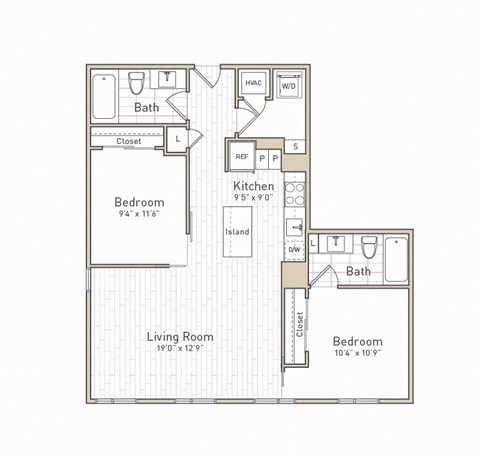 Floor plan for 2 beds, 2 baths, 959 sqft