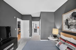 Washington apartment for rent - A modern bedroom with a large bed and a television.