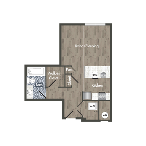 Floor plan for studio, 1 bath, 538 sqft