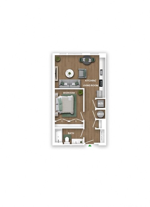 Floor plan for 1 bed, 1 bath, 595 sqft