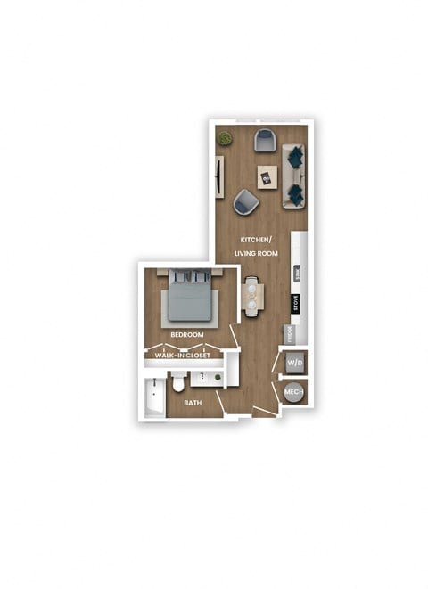 Floor plan for 1 bed, 1 bath, 630 sqft