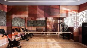 Tampa apartment for rent - A gym with a row of stationary bikes and a row of treadmills at The Stevedore Apartments in Tampa, FL 33605