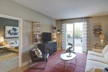 A living room with a couch and a table and a television