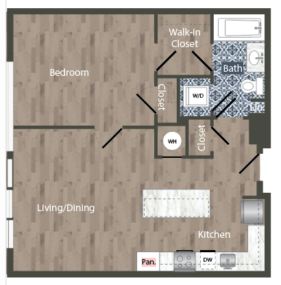 Floor plan for 1 bed, 1 bath, 690 sqft