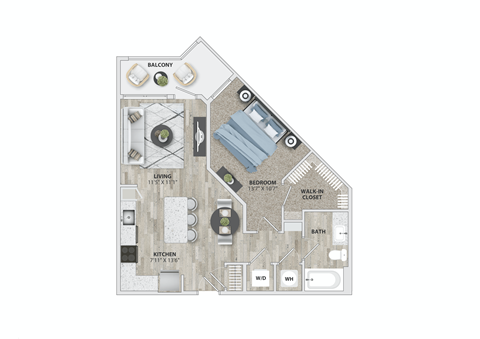 Floor plan for 1 bed, 1 bath, 733 sqft