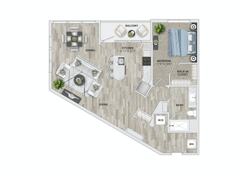 Floor plan for 1 bed, 1 bath, 996 sqft