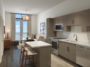 A rendering of a kitchen and living room in an apartment