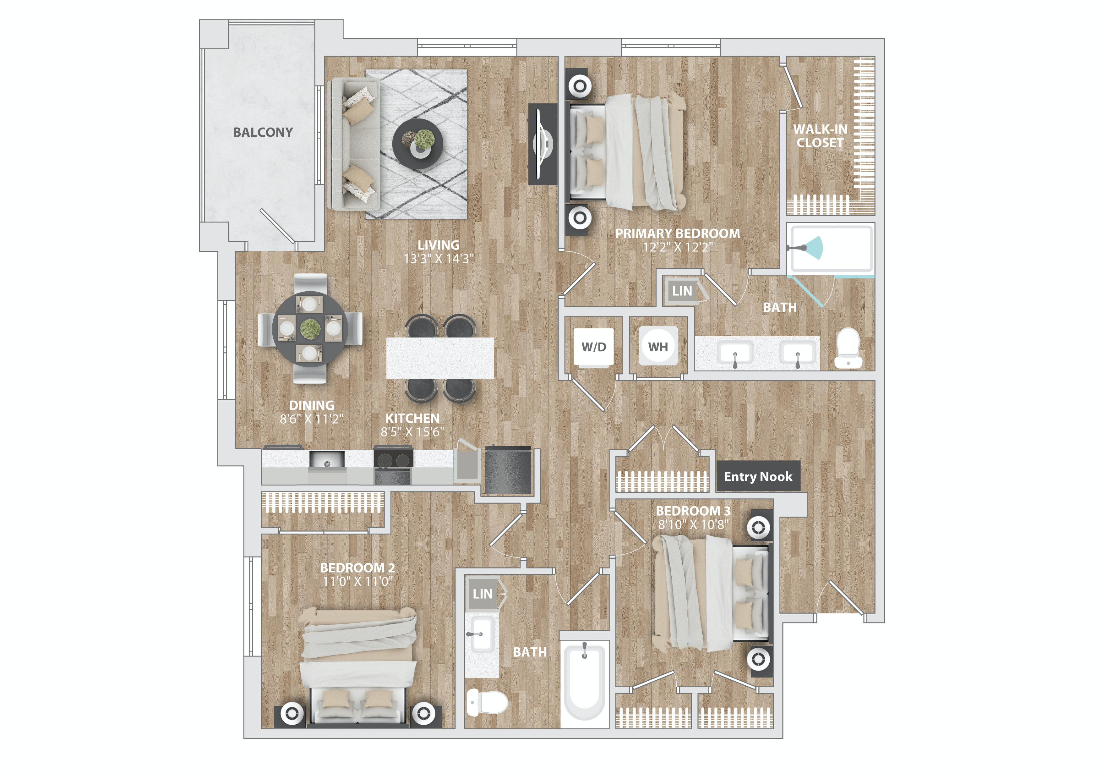 Floor plan for 3 beds, 2 baths, 1338 sqft
