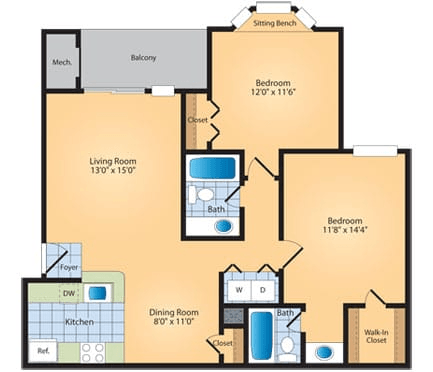 Floor plan for 2 beds, 2 baths, 955 sqft