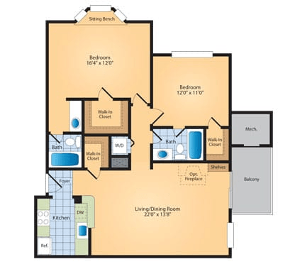 Floor plan for 2 beds, 2 baths, 1046 sqft