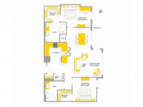Floor plan for 2 beds, 2 baths, 1015 sqft