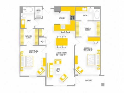 Floor plan for 2 beds, 2 baths, 1086 sqft