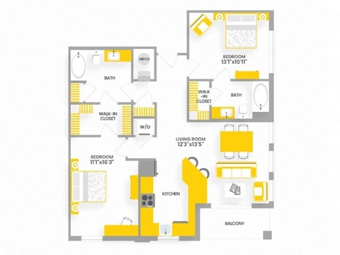 Floor plan for 2 beds, 2 baths, 983 sqft