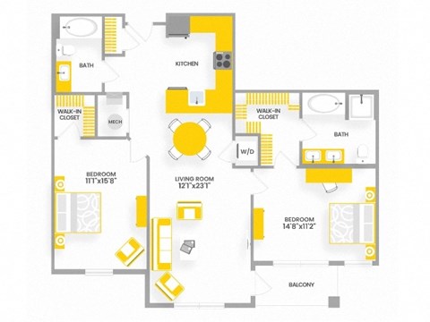 Floor plan for 2 beds, 2 baths, 1032 sqft