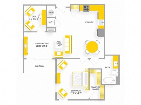 Floor plan for 1 bed, 1 bath, 858 sqft