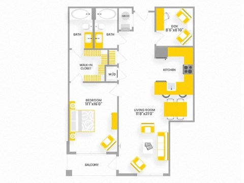 Floor plan for 1 bed, 2 baths, 964 sqft