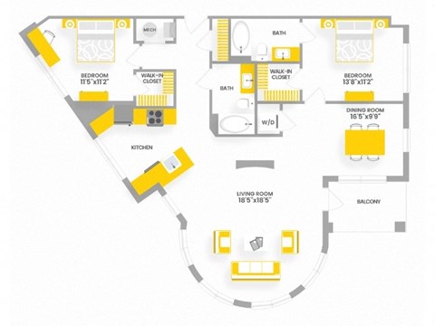 Floor plan for 2 beds, 2 baths, 1237 sqft