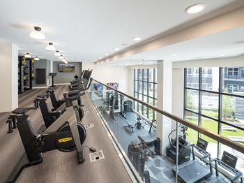 A gym with treadmills and exercise bikes.