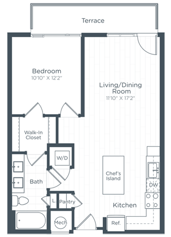 Floor plan for 1 bed, 1 bath, 756 sqft
