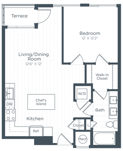 Floor plan for 1 bed, 1 bath, 760 sqft