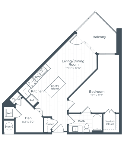 Floor plan for 1 bed, 1 bath, 770 sqft