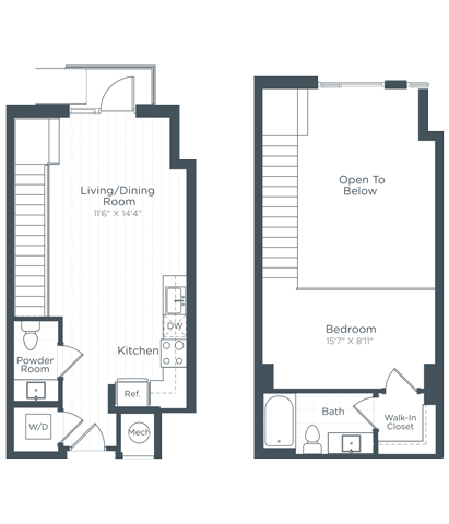 Floor plan for 1 bed, 1.5 baths, 753 sqft