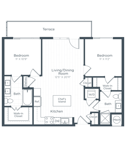 Floor plan for 2 beds, 2 baths, 966 sqft