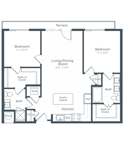 Floor plan for 2 beds, 2 baths, 1044 sqft